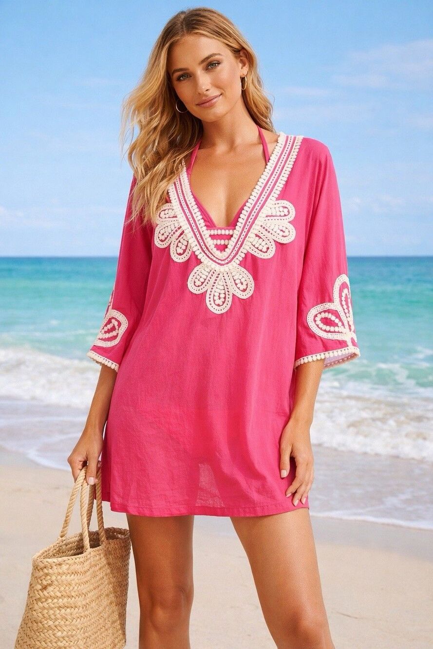 Pink Crochet Tunic Top Boho Beach Cover Up Cotton Lightweight Summer XS